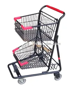 MOQ 100 PCS Winn Dixie wire basket cart with wheels, Supermarket Wire Basket Cart, Double Baskets Cart