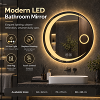 Miroir de salle de bain rond à LED avec éclairage 3 couleurs, gradation progressive, contrôle tactile anti-buée et design mural rétroéclairé