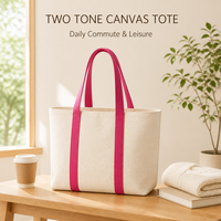 Tas Tote Kanvas Panel Logo Kustom Wanita Gagang Panjang Dua Warna Krem Pink Tali Vertikal Kasual Komuter Grosir