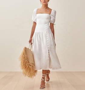 High Quality <strong>Wedding</strong> Party <strong>Dress</strong> Smocked Bodice Formal Elegant White <strong>Linen</strong> Bridesmaid <strong>Dresses</strong> - Product Image 1