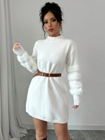Robe pull mini en maille douce pour femme, col montant, manches longues, bordure en fausse fourrure, coupe ample, élégante, personnalisable OEM ODM, vente en gros, directement de l'usine