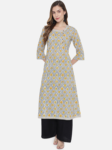 Robe ethnique pour femme en coton, coupe ample, longueur cheville, manches trois quarts, imprimé floral jaune, pour un usage décontracté - Product Image 5