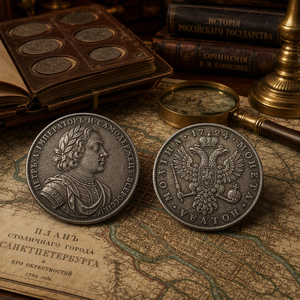 1724 Russisches Kaiserreich Peter der Große Poltina Messing Versilberte Doppelseitige Emaille Antik-Imitation Münze Souvenir Deko Geschenk - Product Image 5