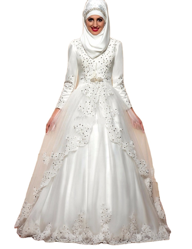 6001# New Wholesale Vintage Floor Length Bridal Gown Modest Long Sleeve A-Line Satin Lace Beading Muslim Arab Wedding Dress