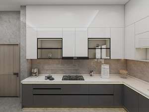 Gabinetes de Cocina Blancos y Grises con Tablero de Melamina y Granito, Diseño en Forma de L con Acabado Brillante - Product Image 3