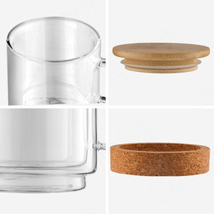 Tazza da caffè in vetro a doppia parete resistente al calore ecologica, Design personalizzato tazza in vetro <span class=keywords><strong>Good</strong></span> Morning con fondo in sughero e coperchio in bambù - Product Image 4