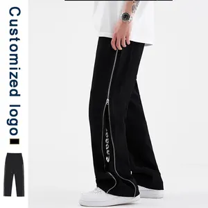 Custom Streetwear Baggy Wide Leg Straight Sweat Pants Bottom Zipper Retractable Feet Casual Nylon Track Pants For Men