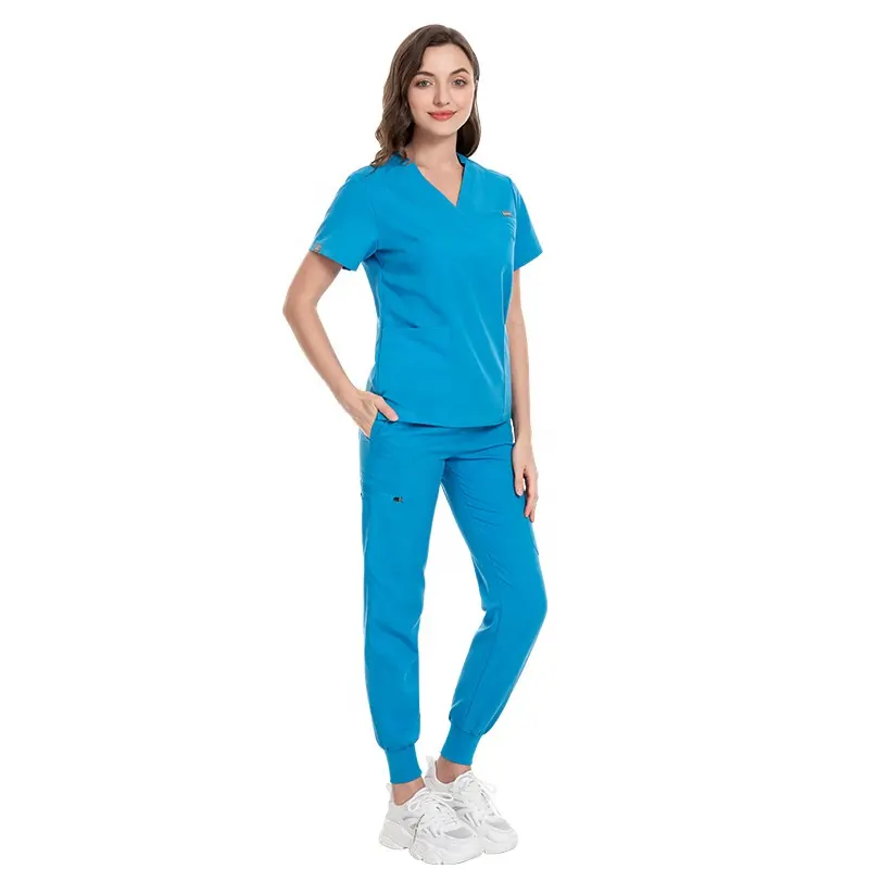 Neuer Sommer 2024 Peeling-Set für Damen solide Farben Krankenschwestern-Uniformen klassischer V-Ausschnitt Peeling-Top und Jogger-Peeling-Hose zweiteiliges Set