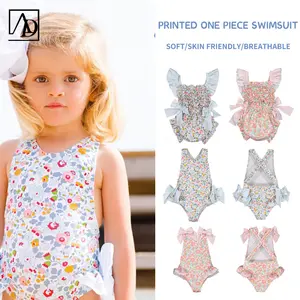 Custom Lace Pleated Girls Swimsuit Baby One-Piece Sling Swimsuit Blue Pink Print Cute Beach Swimwear