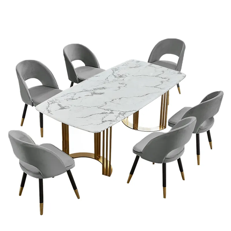 Nordic marble dining tables and chairs, modern luxury rectangular dining table set 6 seater dining room furniture