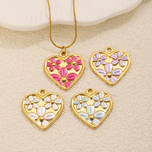 Pendentif Cœur Fleur Goutte d'Huile en Acier Inoxydable Style Doux Fille pour Fabrication de Bijoux DIY Bracelet Collier Boucles d'Oreilles Accessoires - Product Image 2