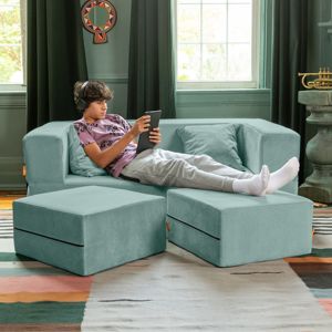 DB Jaxx Convertible Sleeper Loveseat & Ottomans Zipline Series-Microterciopelo texturizado en color caribeño - Product Image 3