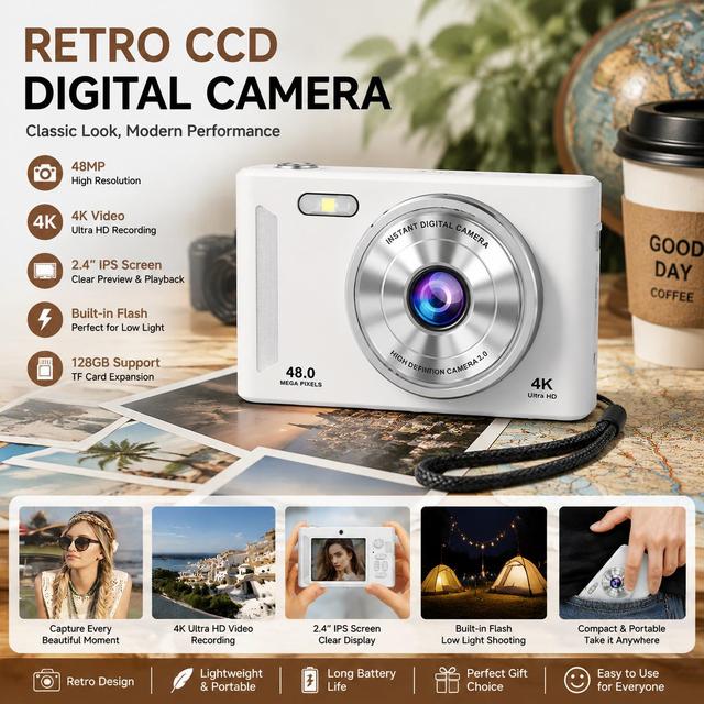 Retro CCD Camera 4K 48MP Mini Vlog Camera 2.4" IPS Screen Dual Lens Selfie, Point and Shoot 128GB for Kids Teens Photography