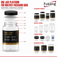 Pot d'emballage transparent en PET/RPET avec couvercle noir et étiquette à accent doré, matériau durable et sans BPA, ensemble pour usage professionnel (RFQ)