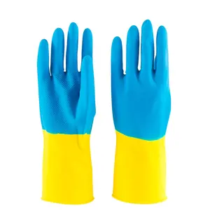 Bi-color Đôi Màu Nhúng Flock Lót Latex Hộ Gia Đình Grip Găng Tay Nhà Sản Xuất