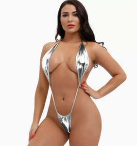 Bodysuit Sling Shot Berkilau Ukuran Bebas G-string Thongs Halter Bikini Jumpsuit Kulit Imitasi Lingerie Seksi Nyaman Modis Terbaru - Product Image 1
