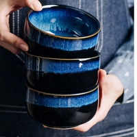 En Gros Pas Cher Glaçure Bleue de Haute Qualité Assiettes en Porcelaine Bols à Riz Services de Vaisselle Ronds en Céramique pour Restaurant