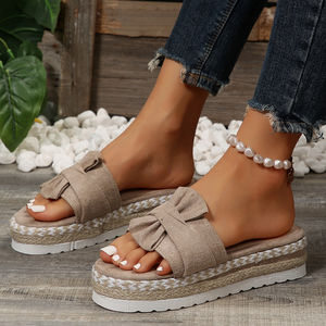 2025 Summer New Wedge Bow Sandals Women's Beach <b>Thick</b>-soled Hemp <b>Rope</b> Plus Size Slippers - Product Image 5