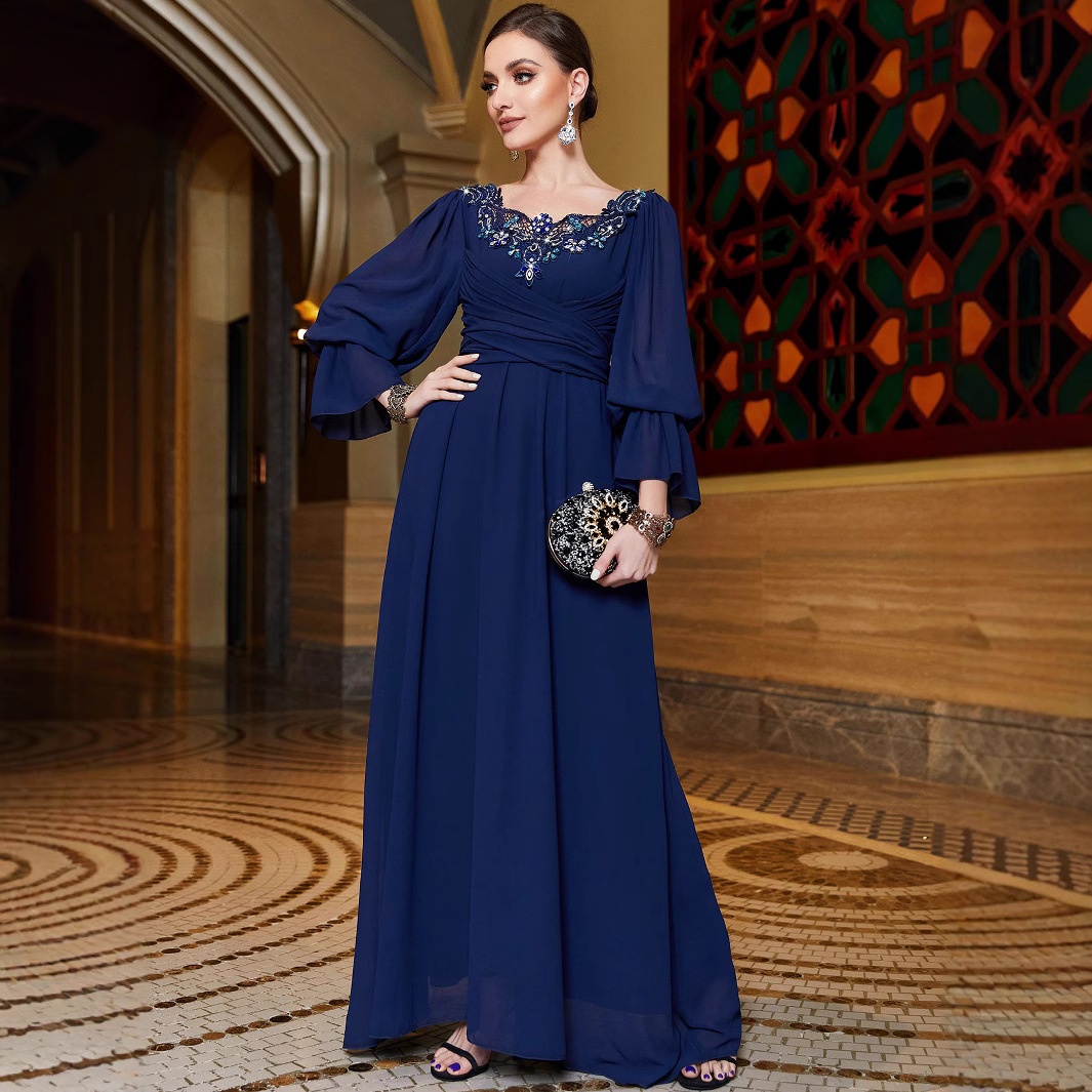 Shop Online Navy Blue Lace and Chiffon Dress A-Line Silhouette, V-Neck  Design | Alibaba.com