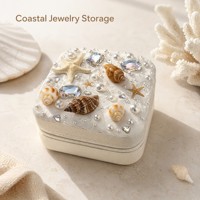 Boîte à bijoux en toile de jute crème avec broderie de perles coquillage festonné, perles et étoile de mer, style nautique côtier, avec fermeture éclair, pour rangement de voyage