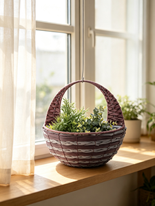 Panier à fleurs suspendu rond tressé avec poignée et doublure imperméable pour jardin, balcon, terrasse - Product Image 3