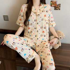 Conjunto de pijama de manga corta para mujer, estilo coreano, lindo y elegante, de tela arrugada - Nueva colección de primavera - Product Image 5