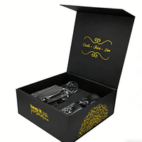 Boîte cadeau de luxe personnalisée en carton ondulé noir avec logo, ruban magnétique rigide bronzé, forme sur mesure, recyclable
