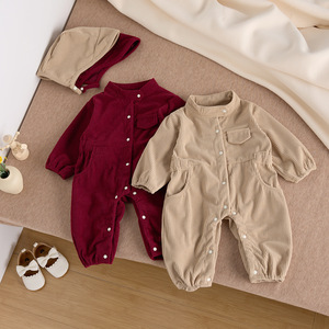 Angou Winter Plain Long Sleeve Baby Bodysuit Pur Cotton Boy Girl's Hooded Barboteuses Salopette Baby Onesies Whit Hat - Product Image 5
