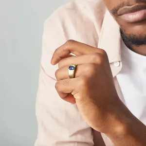 Custom Men Jewelry Prong-Setting Blue Sapphire Signet Ring