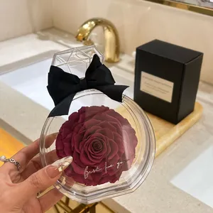 Kotak hadiah Hari Valentine buatan tangan, hadiah elegan asli segar abadi mawar yang diawetkan bunga dalam kotak akrilik/kubah kaca