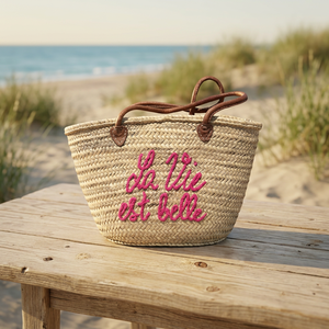 Handmade Straw Basket With Red Handles And Tassels La Vie Est Belle Embroidery Natural Bamboo Weave Bucket Bag - Product Image 2