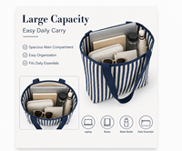 Sac fourre-tout tissé rayé bleu marine et blanc, grande capacité, sac à bandoulière pour ordinateur portable, larges bretelles, coutures renforcées pour le travail, les voyages et le quotidien
