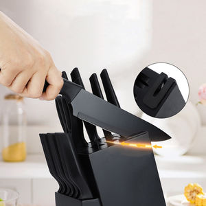 Ensemble de couteaux noirs en porcelaine de 15 pièces, prix avantageux, ensemble de couteaux de cuisine avec aiguiseur et support - Product Image 1