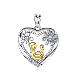 La familia de cristal de corazón de la madre y el niño collar de la joyería colgante de plata de ley - Product Image 1