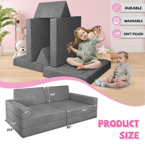 Ensemble de canapés modulaires pour enfants, 11 pièces, tissu gris, mousse haute élasticité, meubles de jeu pour enfants, blocs de construction éducatifs, 3 ans - Product Image 5
