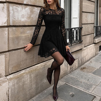 Robe courte élégante pour femme, style français, en dentelle noire, à manches longues, avec jupe évasée en maille transparente, idéale pour les cocktails et soirées