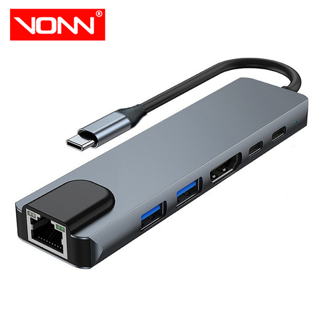 6 in 1 USB C Hub RJ45 Ethernet for 2.0 USB 3.0 USB 2.0 PD Charging Aluminum Alloy Multiport Adapter Docking Station for Laptop