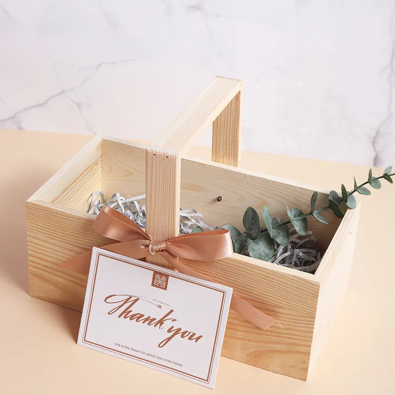 Natürliche Farbe angepasste Hochzeit Blumen korb Hand Geschenk Holz Blume Geschenk verpackung Holz Großhandel Box mit Griff