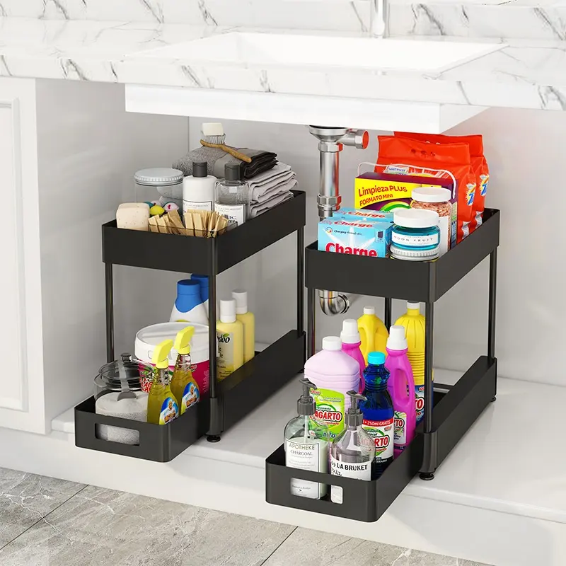 Amazon New Products 2 Tier Sliding Bathroom Organizer Under Kitchen Sink Pull-out Storage Rack Under Sink Organizer