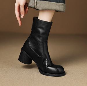 Botas de piel de vacuno teñida con efecto degradado, con cremallera, punta redonda, color liso, tacón ultra alto, diseño elegante y sencillo, hechas de cuero. - Product Image 5