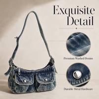 Sac à bandoulière en jean délavé vintage pour femme avec logo personnalisé, style rétro Y2K, poches avant, bleu vieilli, fermeture éclair, à porter sous le bras