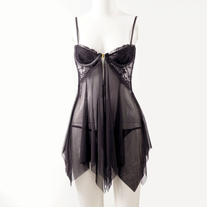 Camisón sexy de encaje transparente para mujer, con aros, push-up, abertura frontal, ropa de dormir negra de poliéster, tela suave - Product Image 5