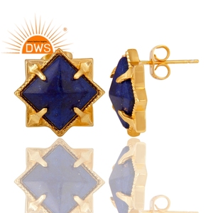 Lapis Lazuli Gemstone Earrings 14k Yellow Gold Plated Brass Fashion Designer Stud Earrings Jewelry Manufacturer - Product Image 2