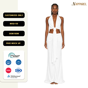 A&J Women Halter Plunge Tie Front Crop Top Ruched Waist Draped Wide Leg <b>Pants</b> Two Piece Set White GRS Certified OEM ODM Supplier - Product Image 1