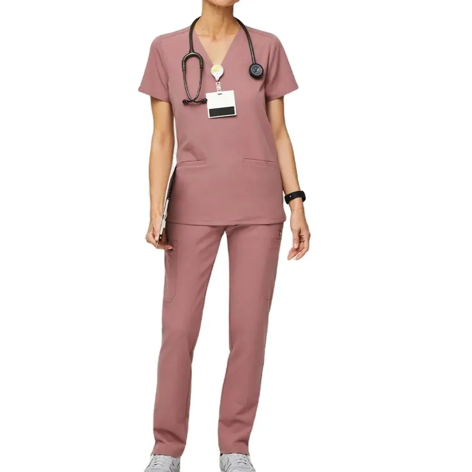 Unisex Enfermeiros Scrubs Conjuntos de Manga Curta Com Decote Em V Médico Trabalho Desgaste Uniformes Hospitalares para Mulheres Personalizado Tecido Spandex 100 Pcs