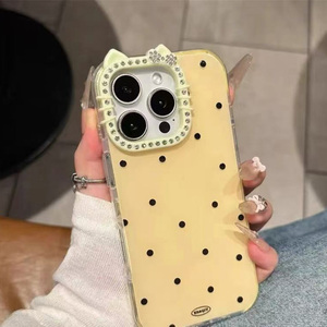 Étui de téléphone portable pour iPhone 16 17 Pro Max 15 14 Plus 13 12 Mini, motif de dessin animé tendance, vague, 2 en <span class=keywords><strong>1</strong></span>, avec lentille en diamant, oreilles de chat - Product Image 4