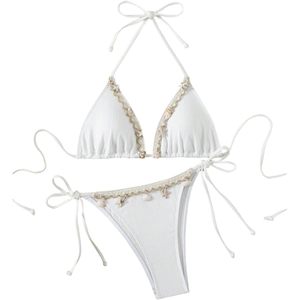 FOXA Women's 2 Piece <b>Bikini</b> <b>Set</b> Halter Triangle With Shell Trim Tie Side <b>String</b> Thong Bathing Suit - Product Image 1