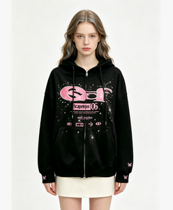 <span class=keywords><strong>Felpa</strong></span> con Cappuccio e Zip per Donna, Oversize con Stampa Grafica e Ricamo a Farfalla, Casual con Zip Intera - Product Image 1