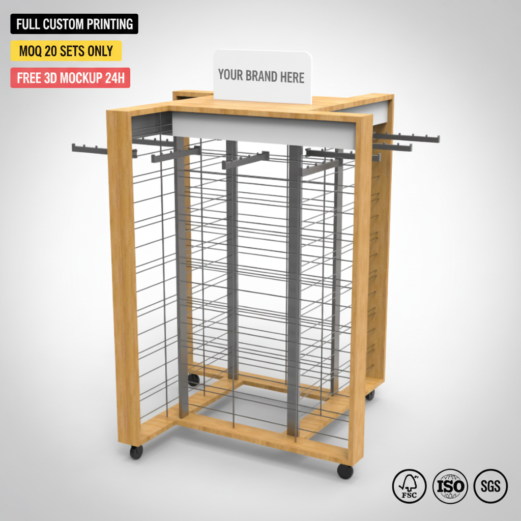 Custom 4-side Wood Wire Dress Rack Clothes Hanger Stand for Wholesale Clothing Rack — view 1