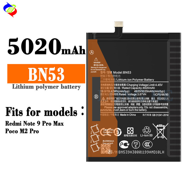 BN53 5020mAh Li-Polymer Replacement Battery Mobile Phone Parts Lithium Ion Batteries for Redmi Note 9 Pro Max/Poco M2 Pro